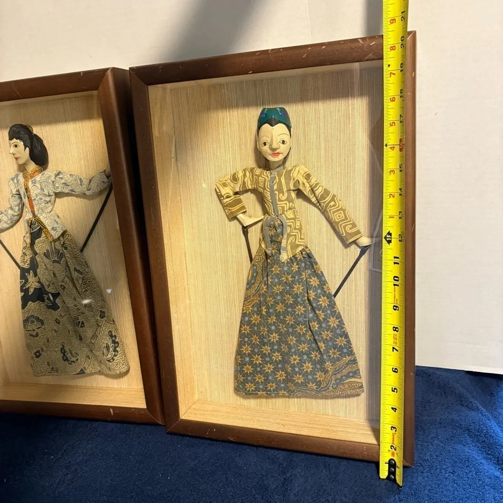 2 Vintage Indonesian Wayang Golek Rod Stick Puppets In 13x20 Shadow Boxes Decor